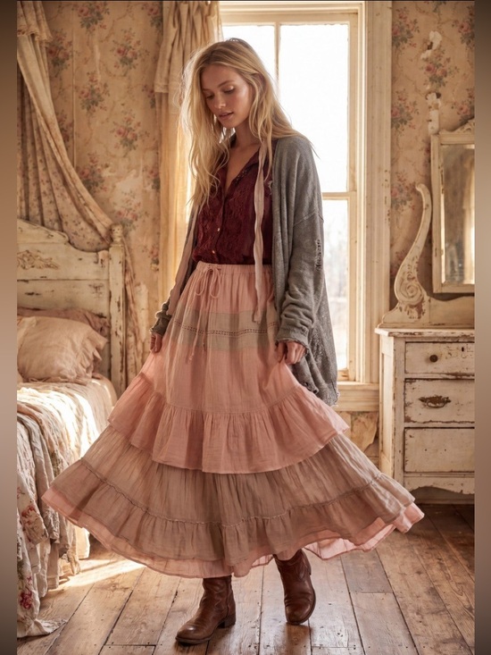 Hand Crafted Two-Tone Peach and Cream Tiered Maxi Skirt